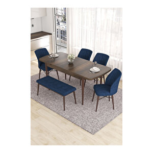 Eva Serisi, 80x132 Açılabilir Mdf Barok Ahşap Desen Mutfak Masası Ve 4 Sandalye 1 Bench Lacivert