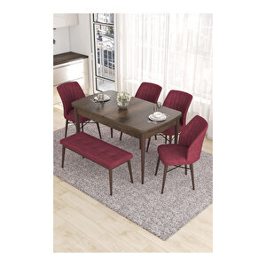 Eva Serisi, 80x132 Açılabilir Mdf Barok Ahşap Desen Mutfak Masası Ve 4 Sandalye 1 Bench Bordo