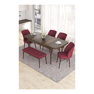 Eva Serisi, 80x132 Açılabilir Mdf Barok Ahşap Desen Mutfak Masası Ve 4 Sandalye 1 Bench Bordo