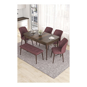 Eva Serisi, 80x132 Açılabilir Mdf Barok Ahşap Desen Mutfak Masası Ve 4 Sandalye 1 Bench Gül Kurusu