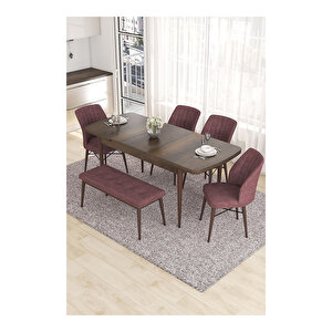 Eva Serisi, 80x132 Açılabilir Mdf Barok Ahşap Desen Mutfak Masası Ve 4 Sandalye 1 Bench Gül Kurusu
