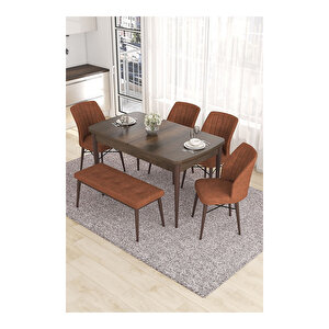 Eva Serisi, 80x132 Açılabilir Mdf Barok Ahşap Desen Mutfak Masası Ve 4 Sandalye 1 Bench Kiremit