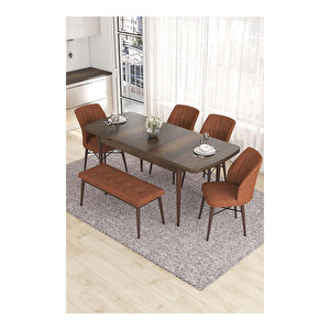 Eva Serisi, 80x132 Açılabilir Mdf Barok Ahşap Desen Mutfak Masası Ve 4 Sandalye 1 Bench Kiremit