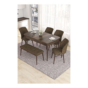 Eva Serisi, 80x132 Açılabilir Mdf Barok Ahşap Desen Mutfak Masası Ve 4 Sandalye 1 Bench Kahverengi