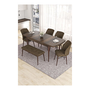 Eva Serisi, 80x132 Açılabilir Mdf Barok Ahşap Desen Mutfak Masası Ve 4 Sandalye 1 Bench Kahverengi