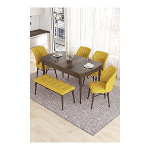 Eva Serisi, 80x132 Açılabilir Mdf Barok Ahşap Desen Mutfak Masası Ve 4 Sandalye 1 Bench Hardal