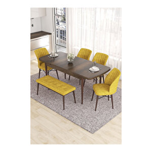 Eva Serisi, 80x132 Açılabilir Mdf Barok Ahşap Desen Mutfak Masası Ve 4 Sandalye 1 Bench Hardal