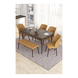 Eva Serisi, 80x132 Açılabilir Mdf Barok Ahşap Desen Mutfak Masası Ve 4 Sandalye 1 Bench Cappucino