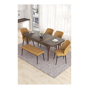 Eva Serisi, 80x132 Açılabilir Mdf Barok Ahşap Desen Mutfak Masası Ve 4 Sandalye 1 Bench Cappucino