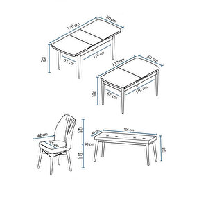 Eva Serisi, 80x132 Açılabilir Mdf Barok Ahşap Desen Mutfak Masası Ve 4 Siyah 1 Zebra Desen Bench