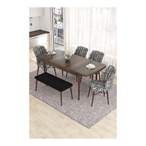 Eva Serisi, 80x132 Açılabilir Mdf Barok Ahşap Desen Mutfak Masası Ve 4 Zebra Desen 1 Siyah Bench