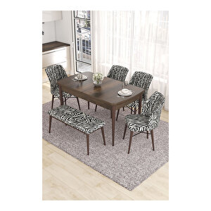 Eva Serisi, 80x132 Açılabilir Mdf Barok Ahşap Desen Mutfak Masası Ve 4 Zebra Desen 1 Zebra Desen Bench