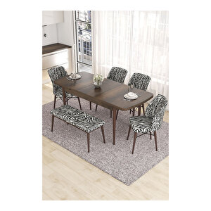 Eva Serisi, 80x132 Açılabilir Mdf Barok Ahşap Desen Mutfak Masası Ve 4 Zebra Desen 1 Zebra Desen Bench
