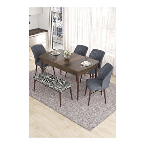 Eva Serisi, 80x132 Açılabilir Mdf Barok Ahşap Desen Mutfak Masası Ve 4 Füme 1 Zebra Desen Bench