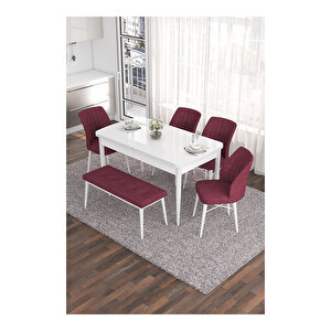 Eva Serisi, 80x132 Açılabilir Mdf Beyaz Masa,mutfak Masası Ve 4 Sandalye 1 Bench Bordo