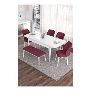Eva Serisi, 80x132 Açılabilir Mdf Beyaz Masa,mutfak Masası Ve 4 Sandalye 1 Bench Bordo
