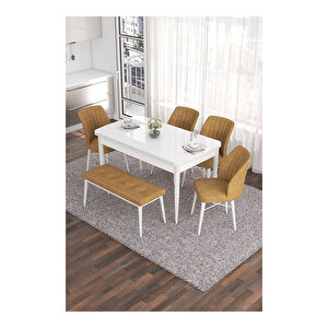 Eva Serisi, 80x132 Açılabilir Mdf Beyaz Masa,mutfak Masası Ve 4 Sandalye 1 Bench Cappucino