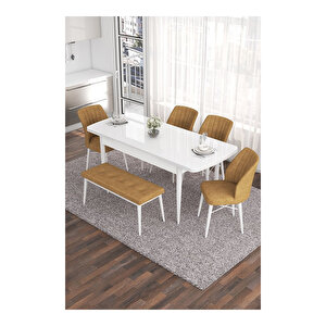 Eva Serisi, 80x132 Açılabilir Mdf Beyaz Masa,mutfak Masası Ve 4 Sandalye 1 Bench Cappucino
