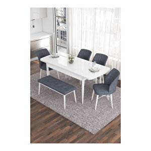 Eva Serisi, 80x132 Açılabilir Mdf Beyaz Masa,mutfak Masası Ve 4 Sandalye 1 Bench Füme