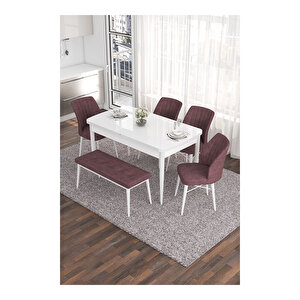 Eva Serisi, 80x132 Açılabilir Mdf Beyaz Masa,mutfak Masası Ve 4 Sandalye 1 Bench Gül Kurusu