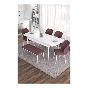Eva Serisi, 80x132 Açılabilir Mdf Beyaz Masa,mutfak Masası Ve 4 Sandalye 1 Bench Gül Kurusu