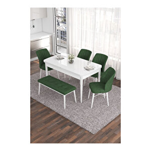 Eva Serisi, 80x132 Açılabilir Mdf Beyaz Masa,mutfak Masası Ve 4 Sandalye 1 Bench Su Yeşili