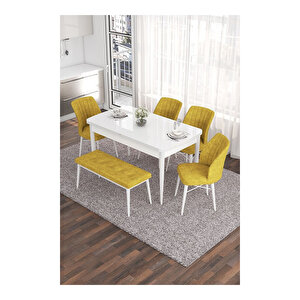 Eva Serisi, 80x132 Açılabilir Mdf Beyaz Masa,mutfak Masası Ve 4 Sandalye 1 Bench Hardal