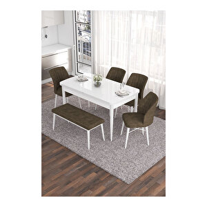 Eva Serisi, 80x132 Açılabilir Mdf Beyaz Masa,mutfak Masası Ve 4 Sandalye 1 Bench Kahverengi