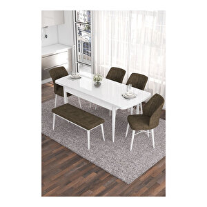 Eva Serisi, 80x132 Açılabilir Mdf Beyaz Masa,mutfak Masası Ve 4 Sandalye 1 Bench Kahverengi