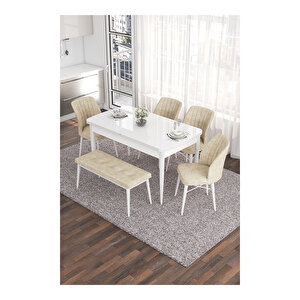 Eva Serisi, 80x132 Açılabilir Mdf Beyaz Masa,mutfak Masası Ve 4 Sandalye 1 Bench Krem