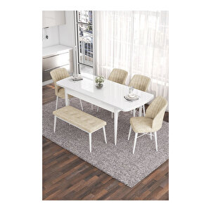 Eva Serisi, 80x132 Açılabilir Mdf Beyaz Masa,mutfak Masası Ve 4 Sandalye 1 Bench
