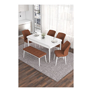 Eva Serisi, 80x132 Açılabilir Mdf Beyaz Masa,mutfak Masası Ve 4 Sandalye 1 Bench Kiremit