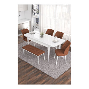 Eva Serisi, 80x132 Açılabilir Mdf Beyaz Masa,mutfak Masası Ve 4 Sandalye 1 Bench Kiremit