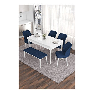 Eva Serisi, 80x132 Açılabilir Mdf Beyaz Masa,mutfak Masası Ve 4 Sandalye 1 Bench Lacivert