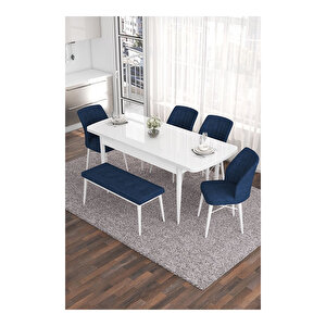 Eva Serisi, 80x132 Açılabilir Mdf Beyaz Masa,mutfak Masası Ve 4 Sandalye 1 Bench Lacivert