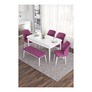 Eva Serisi, 80x132 Açılabilir Mdf Beyaz Masa,mutfak Masası Ve 4 Sandalye 1 Bench Mor