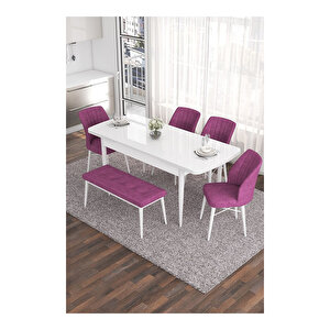 Eva Serisi, 80x132 Açılabilir Mdf Beyaz Masa,mutfak Masası Ve 4 Sandalye 1 Bench Mor