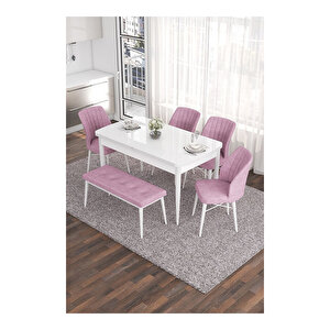 Eva Serisi, 80x132 Açılabilir Mdf Beyaz Masa,mutfak Masası Ve 4 Sandalye 1 Bench Pembe