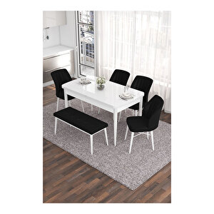 Eva Serisi, 80x132 Açılabilir Mdf Beyaz Masa,mutfak Masası Ve 4 Sandalye 1 Bench Siyah