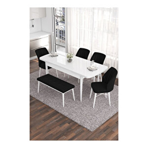 Eva Serisi, 80x132 Açılabilir Mdf Beyaz Masa,mutfak Masası Ve 4 Sandalye 1 Bench Siyah