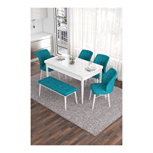 Eva Serisi, 80x132 Açılabilir Mdf Beyaz Masa,mutfak Masası Ve 4 Sandalye 1 Bench Turkuaz