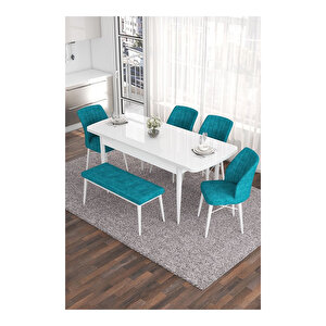 Eva Serisi, 80x132 Açılabilir Mdf Beyaz Masa,mutfak Masası Ve 4 Sandalye 1 Bench Turkuaz