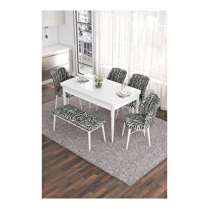 Eva Serisi, 80x132 Açılabilir Mdf Beyaz Masa,mutfak Masası Ve 4 Desen Sandalye 1 Zebra Bench