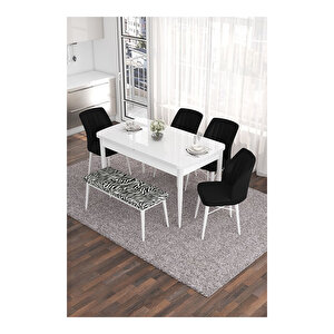 Eva Serisi, 80x132 Açılabilir Mdf Beyaz Masa,mutfak Masası Ve 4 Desen Sandalye 1 Zebra Bench Siyah