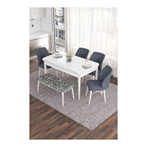 Eva Serisi, 80x132 Açılabilir Mdf Beyaz Masa,mutfak Masası Ve 4 Desen Sandalye 1 Zebra Bench Füme