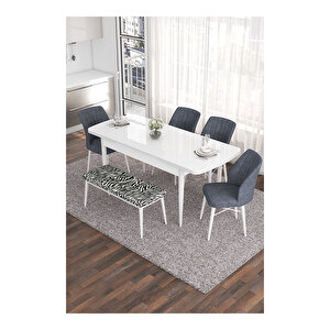 Eva Serisi, 80x132 Açılabilir Mdf Beyaz Masa,mutfak Masası Ve 4 Desen Sandalye 1 Zebra Bench Füme