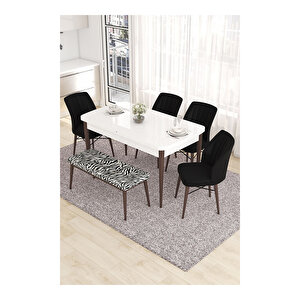 Eva Serisi, 80x132 Açılabilir Mdf Beyaz Masa Ceviz Ayak Mutfak Masası Ve 4 Sandalye 1 Zebra Desen Bench