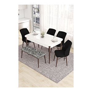 Eva Serisi, 80x132 Açılabilir Mdf Beyaz Masa Ceviz Ayak Mutfak Masası Ve 4 Sandalye 1 Zebra Desen Bench Siyah - Zebra