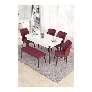 Eva Serisi, 80x132 Açılabilir Mdf Beyaz Masa Ceviz Ayak Mutfak Masası Ve 4 Sandalye 1 Bench Bordo