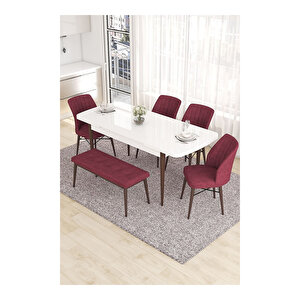 Eva Serisi, 80x132 Açılabilir Mdf Beyaz Masa Ceviz Ayak Mutfak Masası Ve 4 Sandalye 1 Bench Bordo